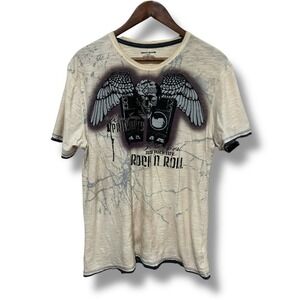 DKNY Women's Rock N Roll Grunge Rhinestone T Shirt‎ *Stained Beige M 20x28